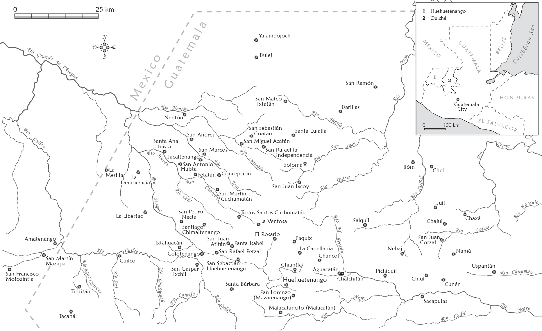 Fig. 1. Regional setting and principal settlements of the Cuchumatán highlands